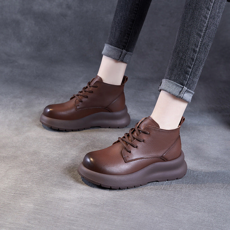 Women's Leather Lace-Up Platform High-Top Shoes – Casual & Comfortable