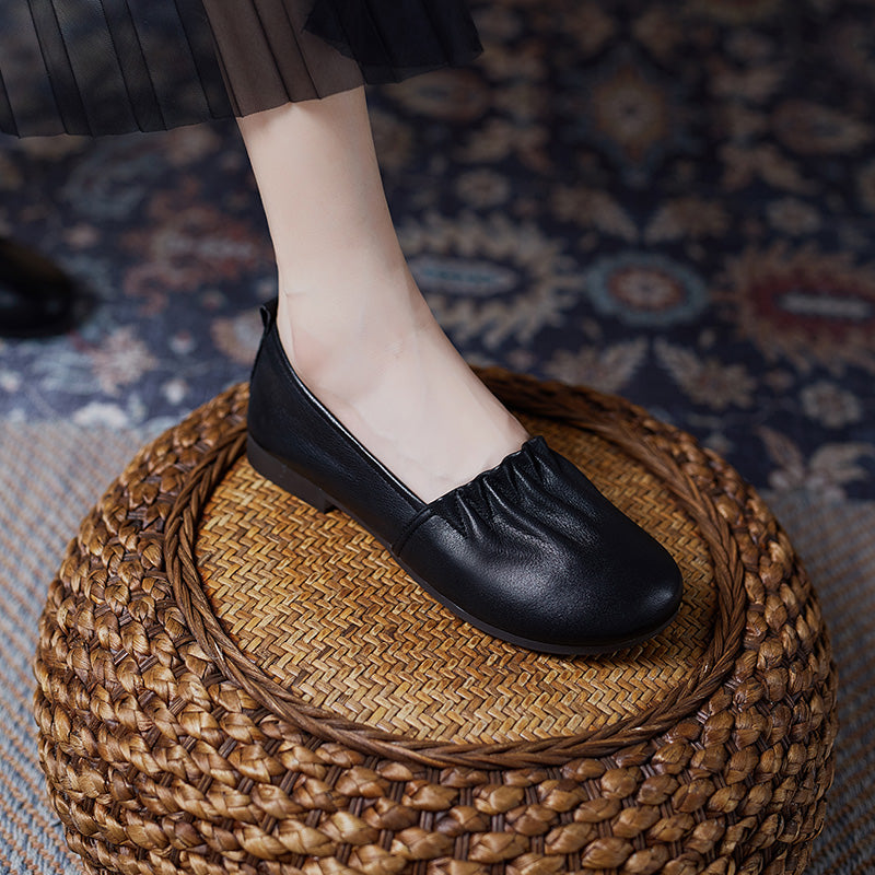 Women's Soft Leather Pleated Daily Slip-On Walking Flats