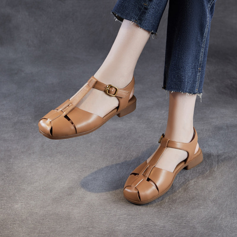 Women's Leather Summer Closed Toe T-Strap Comfort Sandals