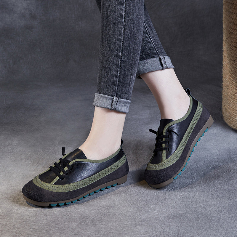 Women's Leather Casual Daily Walking Lace Up Flat Shoes
