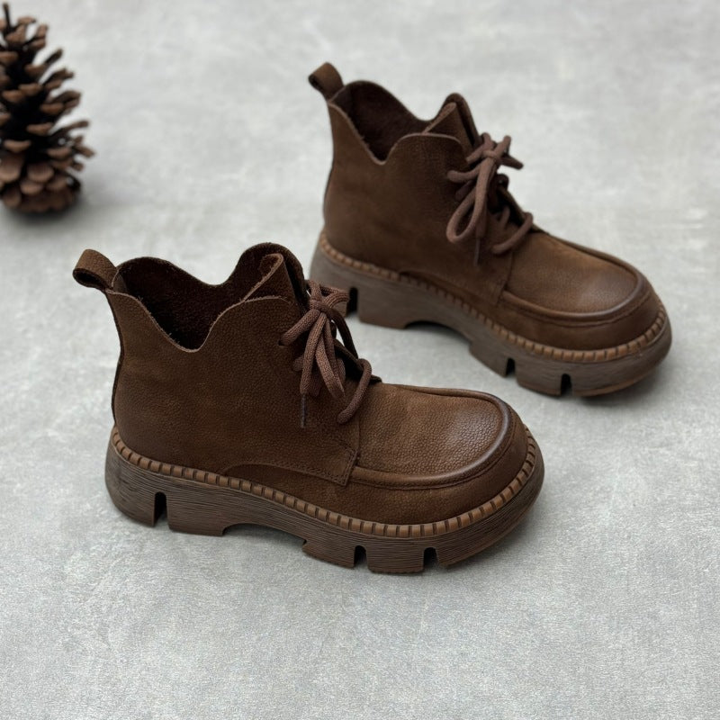 Women's Vintage Leather Lace-Up Boots – Soft Platform Short Ankle Shoes
