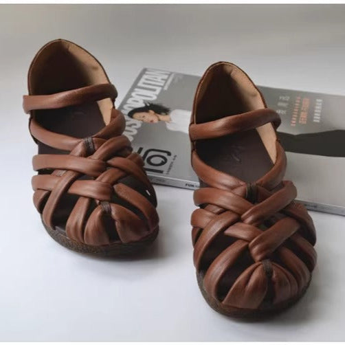 Women's Leather Hand-Woven Velcro Flat Sandals