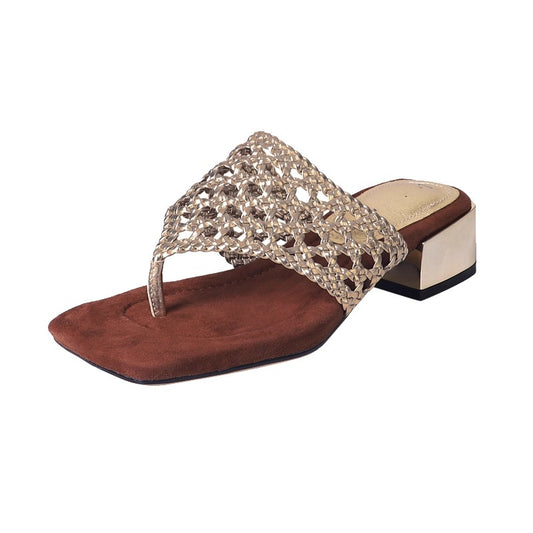 Women's Mesh Mid Heel Slide Sandals – Block Heel Toe Loop Design