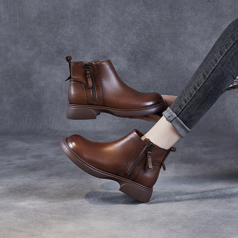 Women's Genuine Leather Casual Ankle Boots – Comfortable Double Zipper Design