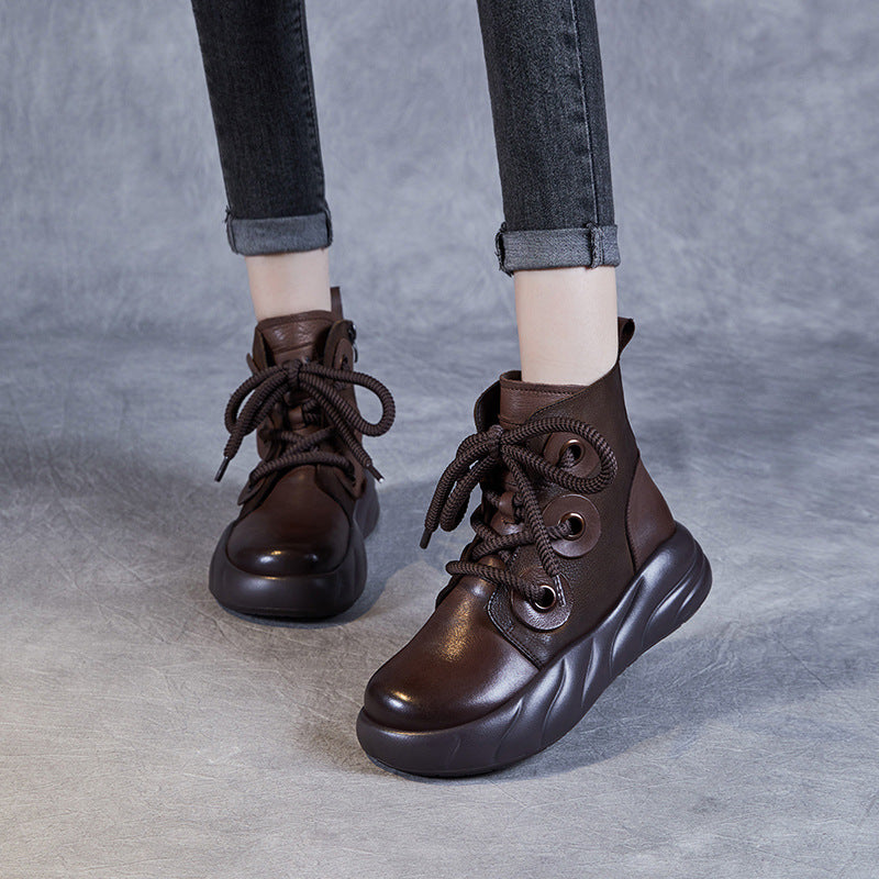 Women's Genuine Leather Lace-Up Ankle Boots – Casual Platform Chunky Sole