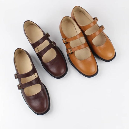 Women's Handmade Leather Classic British Style Double Buckle Mary Jane Shoes