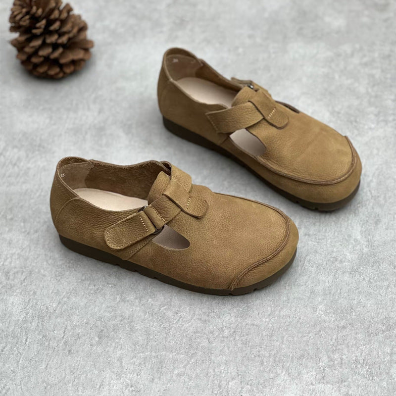 Comfortable Vintage Leather Velcro Mary Jane Flats Womens Shoes