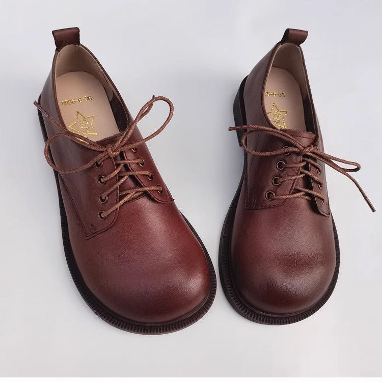 Women's Handmade Wide Toe Box Leather Lace-Up Casual Flat Shoes