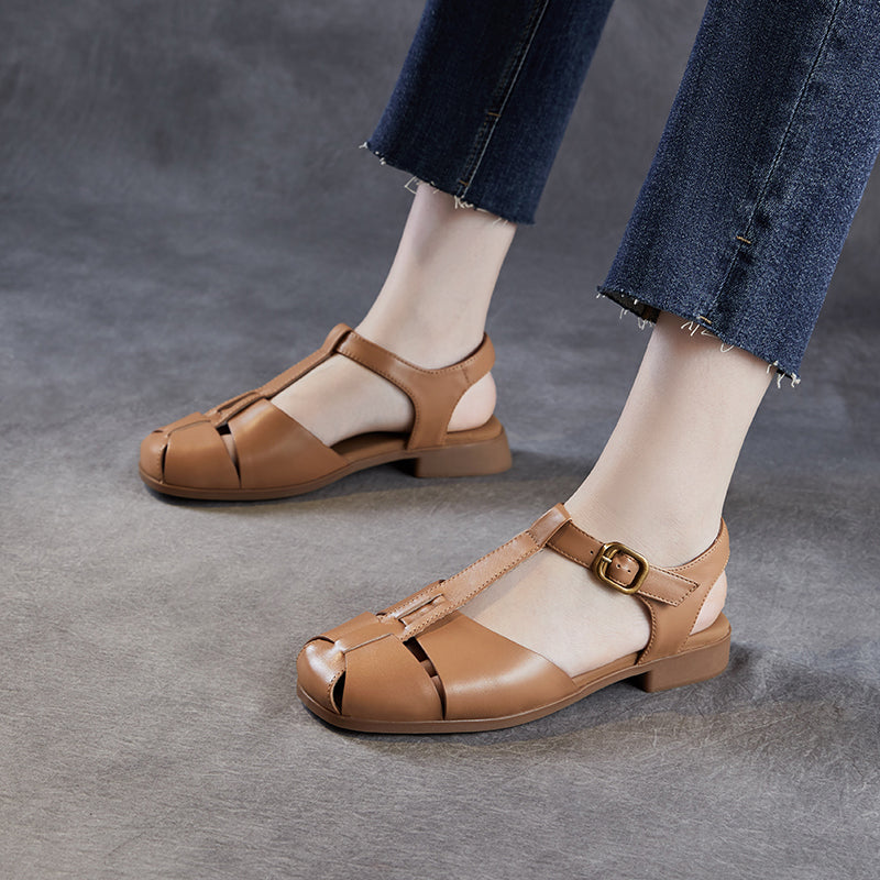 Women's Leather Summer Closed Toe T-Strap Comfort Sandals