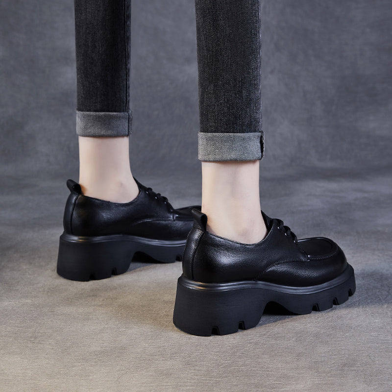 Women's Leather Chunky Heel Lace-Up Oxfords