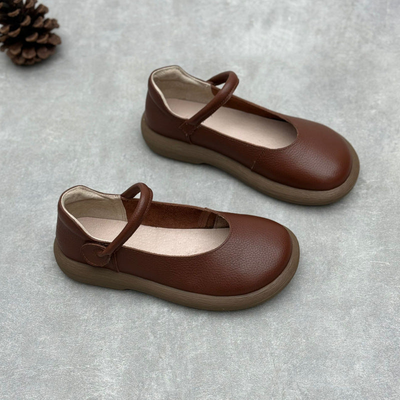 Women's Leather Handmade Soft Sole Round Toe Mary Jane Flat Shoes