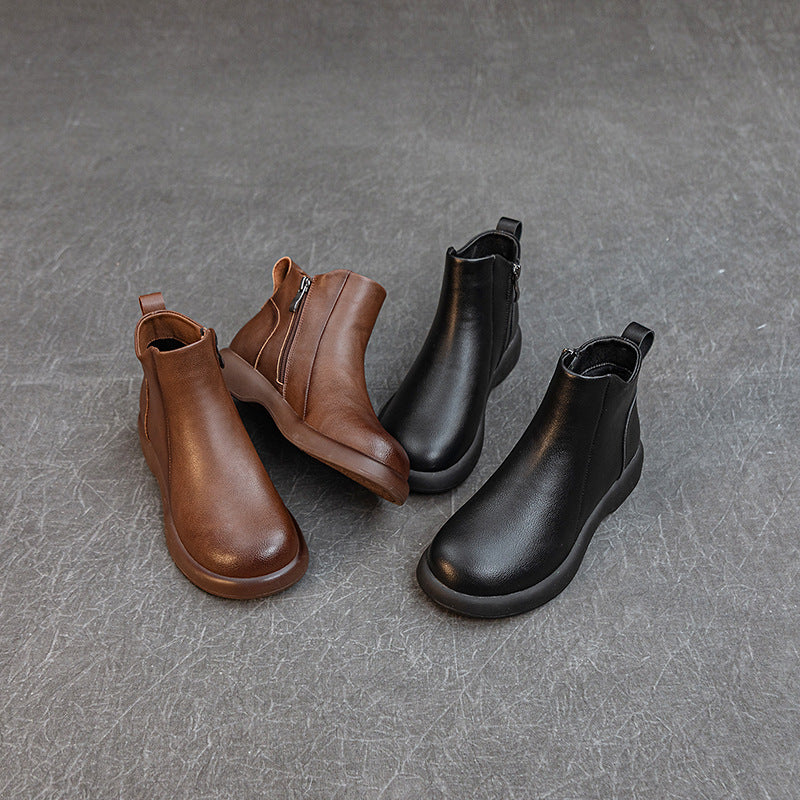 Women's Comfortable Leather Ankle Boots – Low Heel with Side Zipper