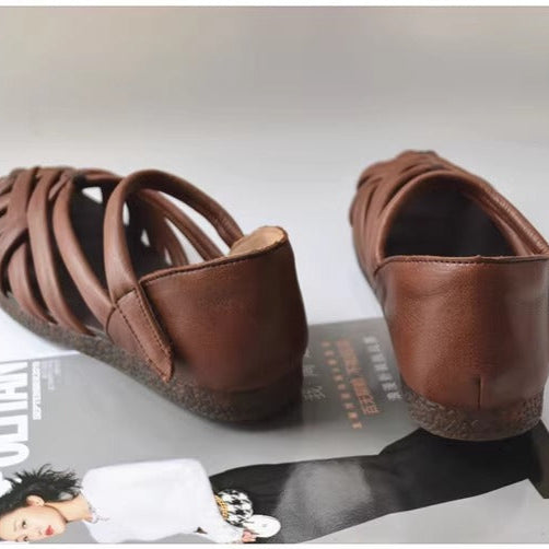 Women's Leather Hand-Woven Velcro Flat Sandals