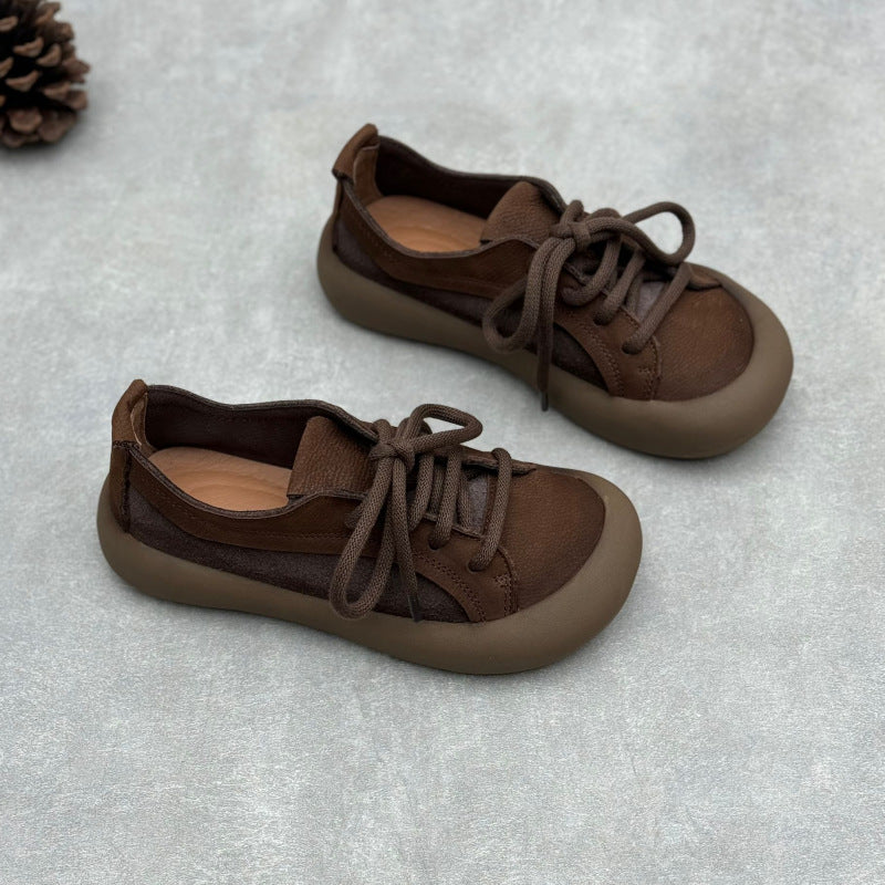 Women's Soft Leather Lace-Up Flats – Round Toe Comfort Shoes