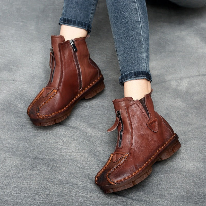 Women's Retro Leather Short Boots – Handmade Stitch Detail & Side Zipper
