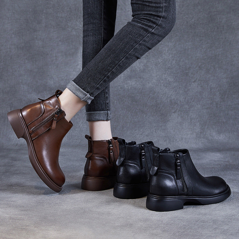 Women's Genuine Leather Casual Ankle Boots – Comfortable Double Zipper Design