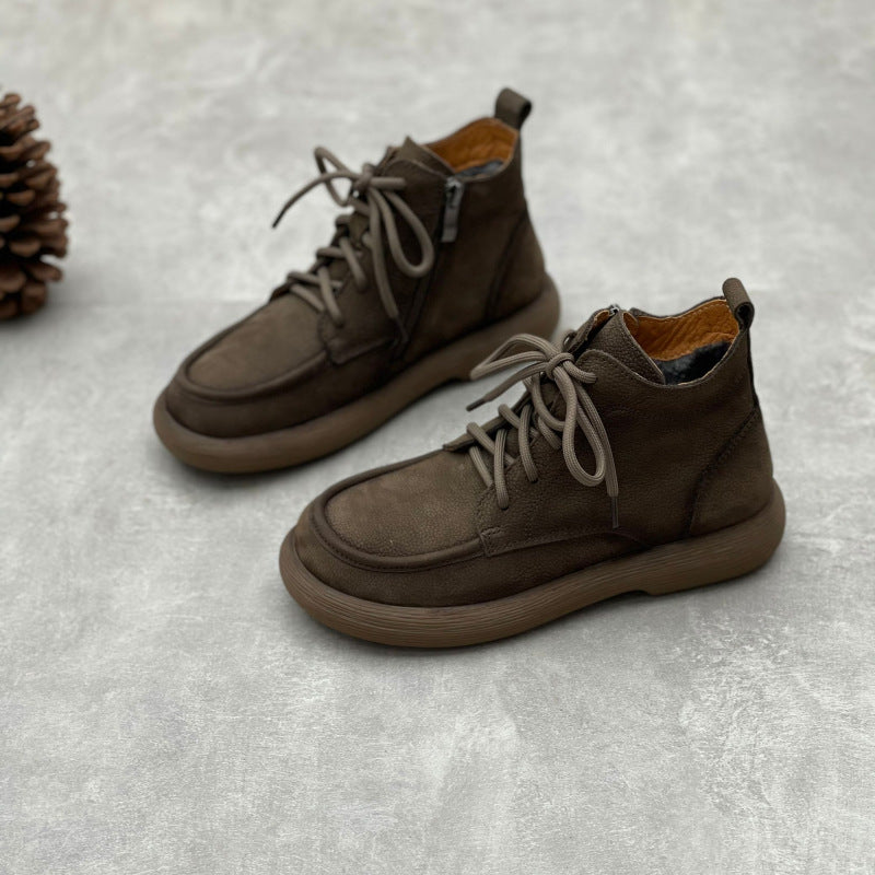 Women's Vintage Leather Lace-Up Zipper Ankle Boots – Flat Casual Comfort