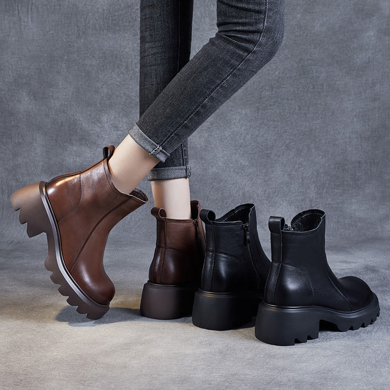 Women's Leather Ankle Boots – Platform Chunky Mid Heel with Side Zipper