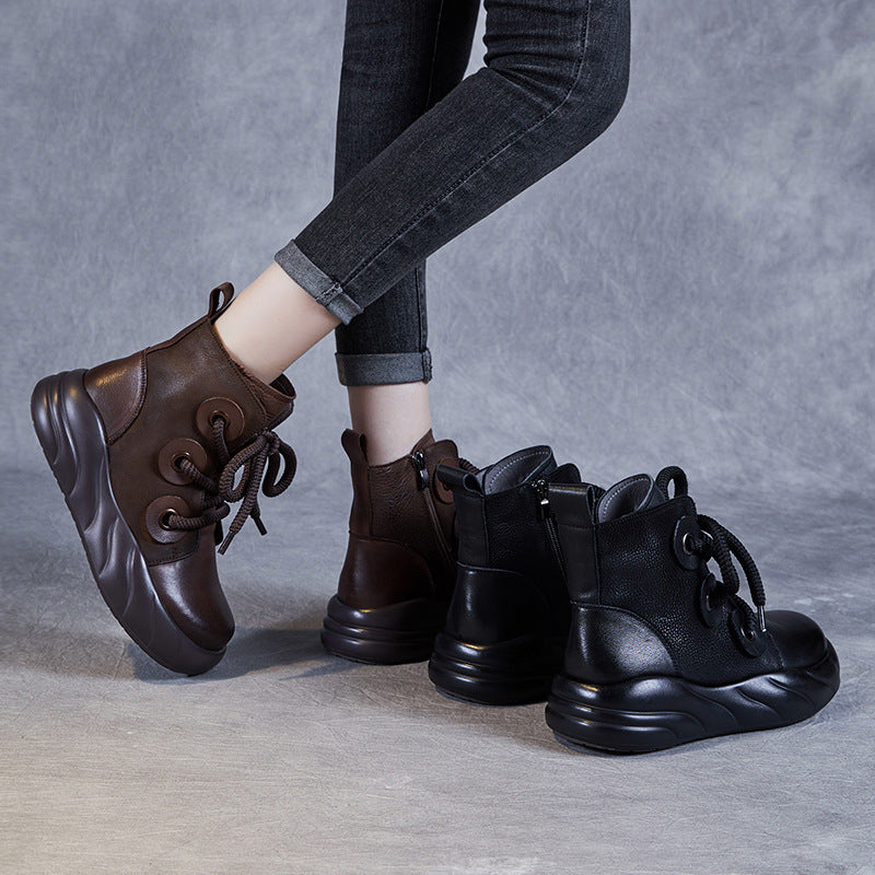 Women's Genuine Leather Lace-Up Ankle Boots – Casual Platform Chunky Sole