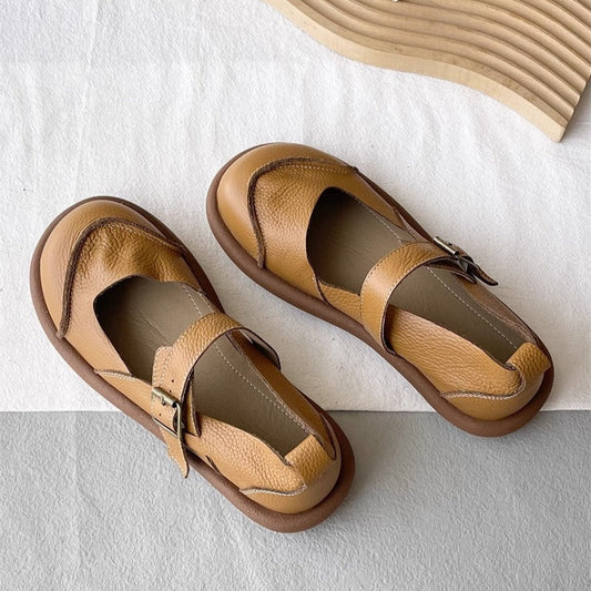 Women's Soft Leather Casual Flat Mary Jane Shoes with Buckle