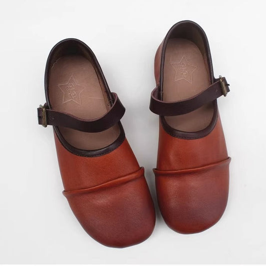 Women's Leather Round Toe Buckle High-vamp Mary Jane Shoes