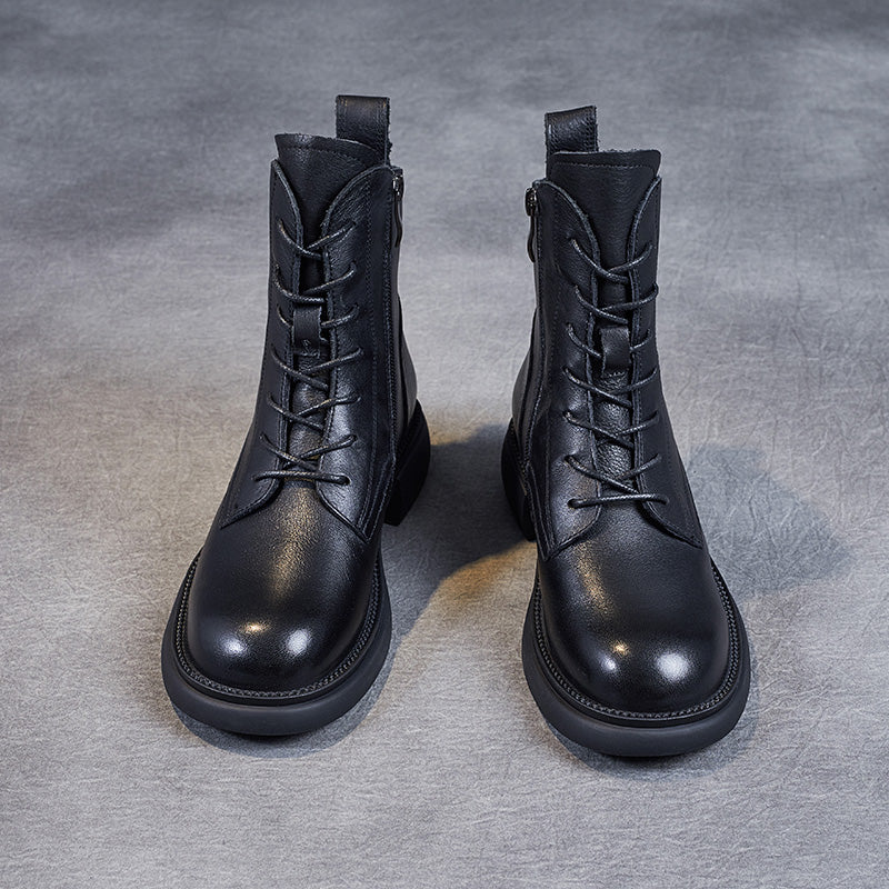 Women's Leather Vintage Zipper Lace Up Block Heel Ankle Boots