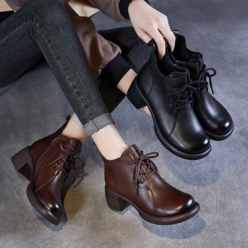 Women's Casual Lace-Up Ankle Boots – Round Toe Block Heel with Side Zipper