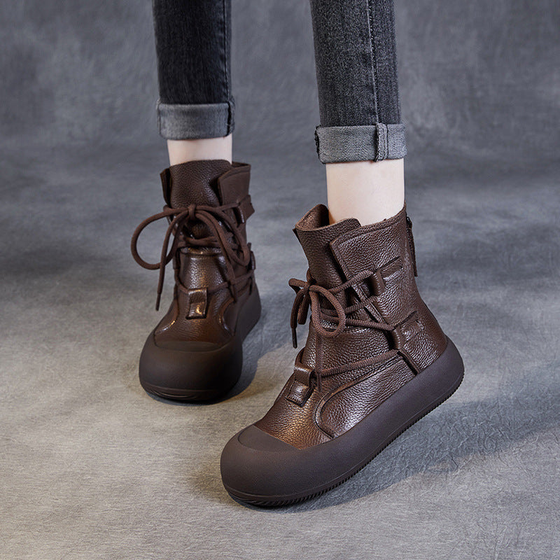 Women's Lace-Up Platform Boots – Genuine Leather Casual Back Zipper Boots
