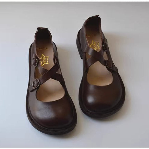 Women's Wide Fit Mary Jane Leather Flats – Handmade with Buckle Strap – Comfort Shoes