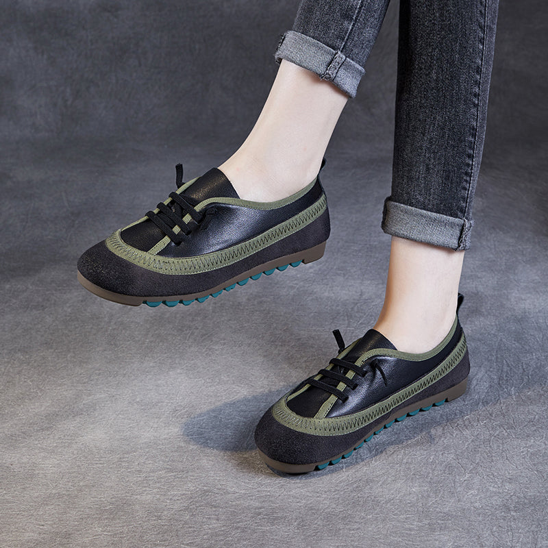 Women's Leather Casual Daily Walking Lace Up Flat Shoes