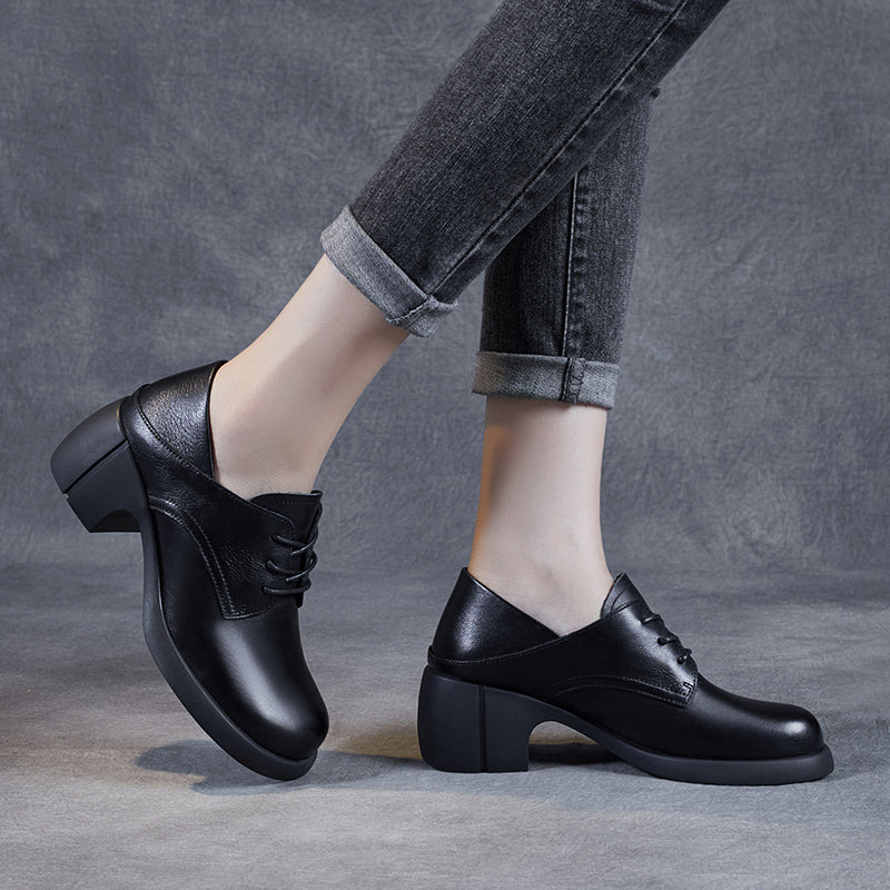 Women's Leather Retro Lace-up Block Heel Oxford Shoes