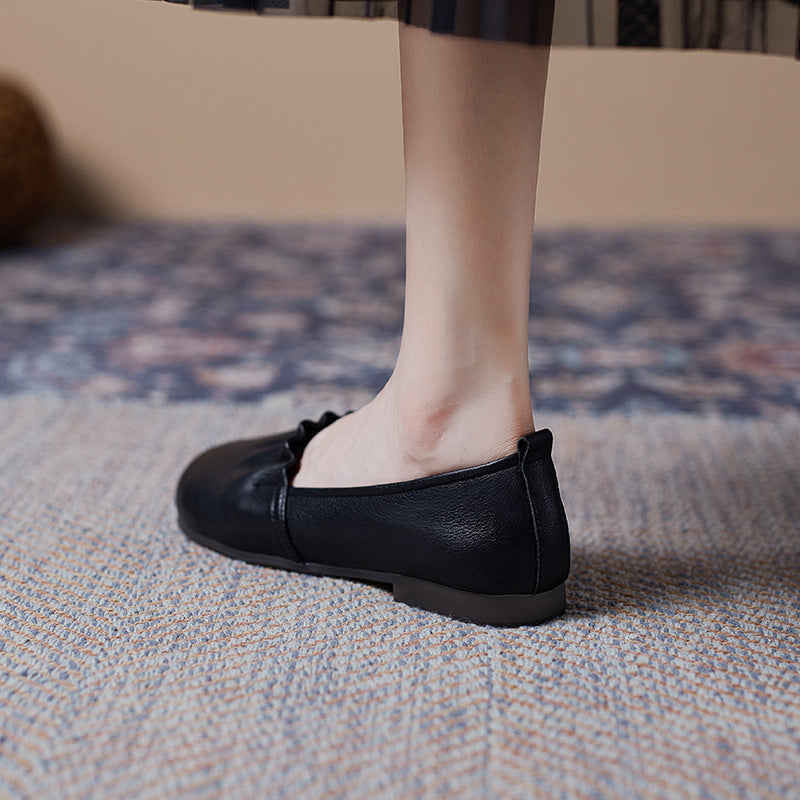 Women's Soft Leather Pleated Daily Slip-On Walking Flats