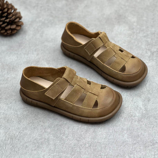 Closed Toe Handmade Women's Soft Leather Woven Flat Sandals – Comfort Fit