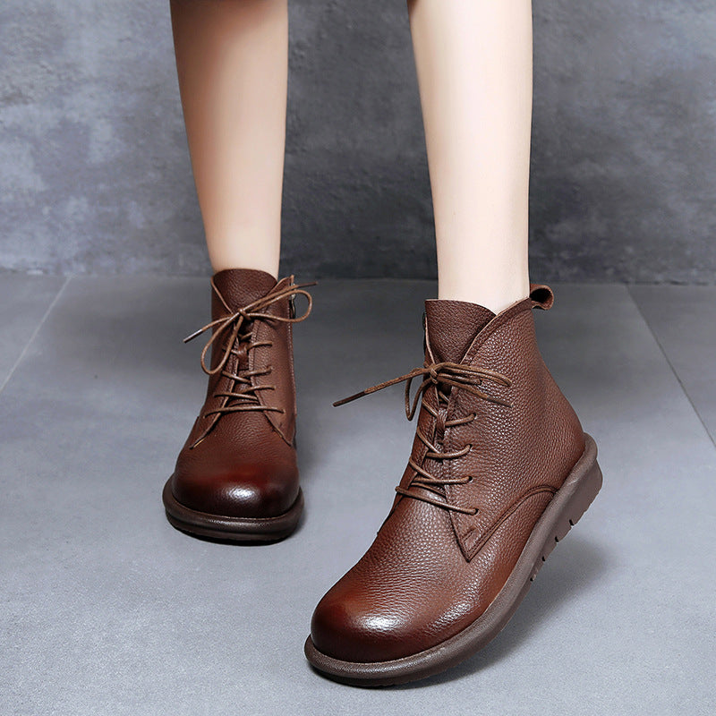 Women's Retro Leather Ankle Boots – Flat Sole, Lace-Up & Zipper