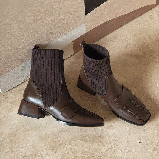 Womens Leather Chelsea Boot Block Heel Elastic Sock Square Toe Boots