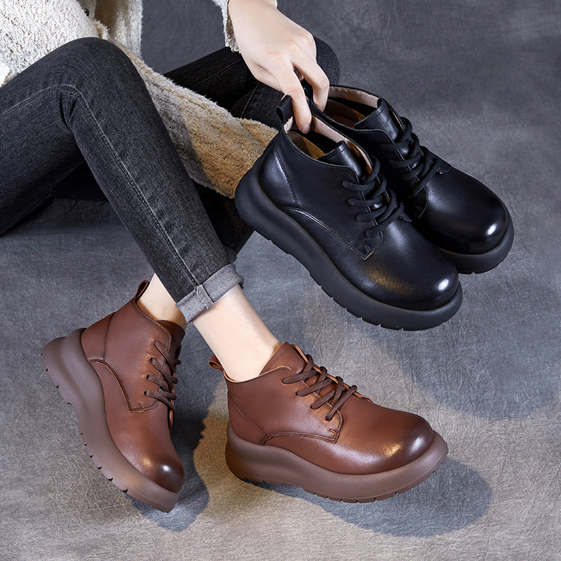 Women's Leather Lace-Up Platform High-Top Shoes – Casual & Comfortable