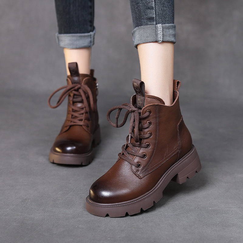 Women's Retro Platform Leather Ankle Boots – Zip & Lace-Up Design