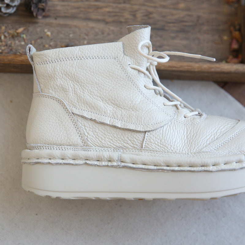 Women Leather Wide Toe Box Platform Casual Lace-up Boots
