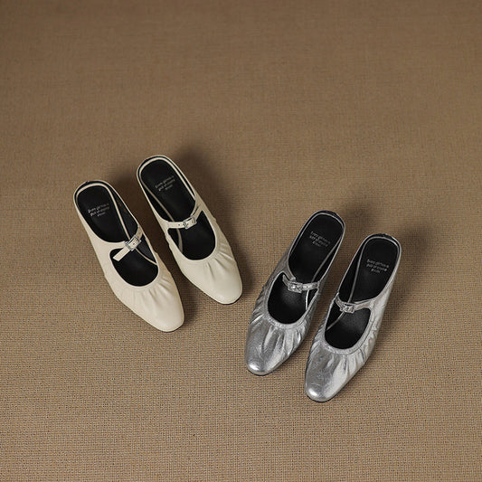 Women's Handmade Leather Retro Round Toe Chunky Low Heel Mary Jane Mule Shoes