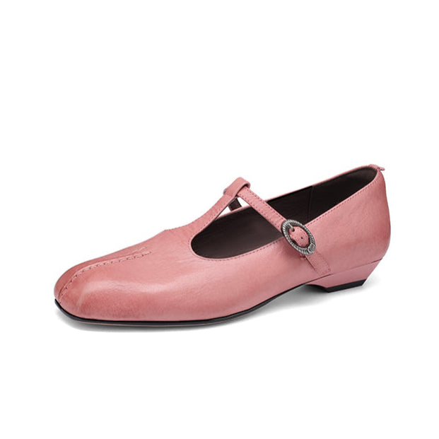 Women's Handmade Vintage Cowhide T-Strap Mary Jane Low Heel Buckle Shoes