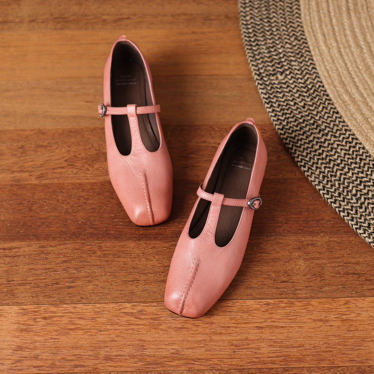 Women's Handmade Vintage Cowhide T-Strap Mary Jane Low Heel Buckle Shoes