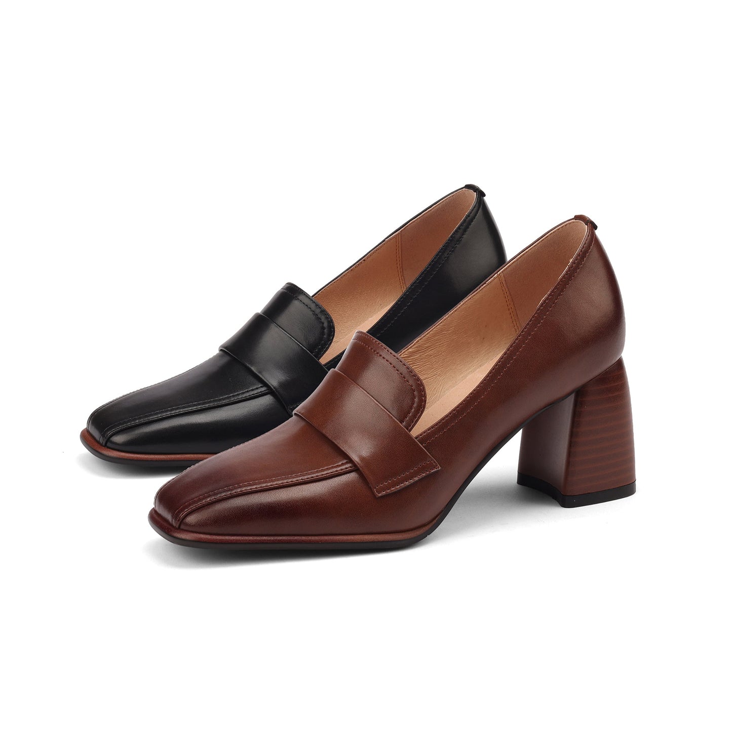 Genuine Leather Handmade Block Heels Slip-on Dress Loafers Women's Shoes