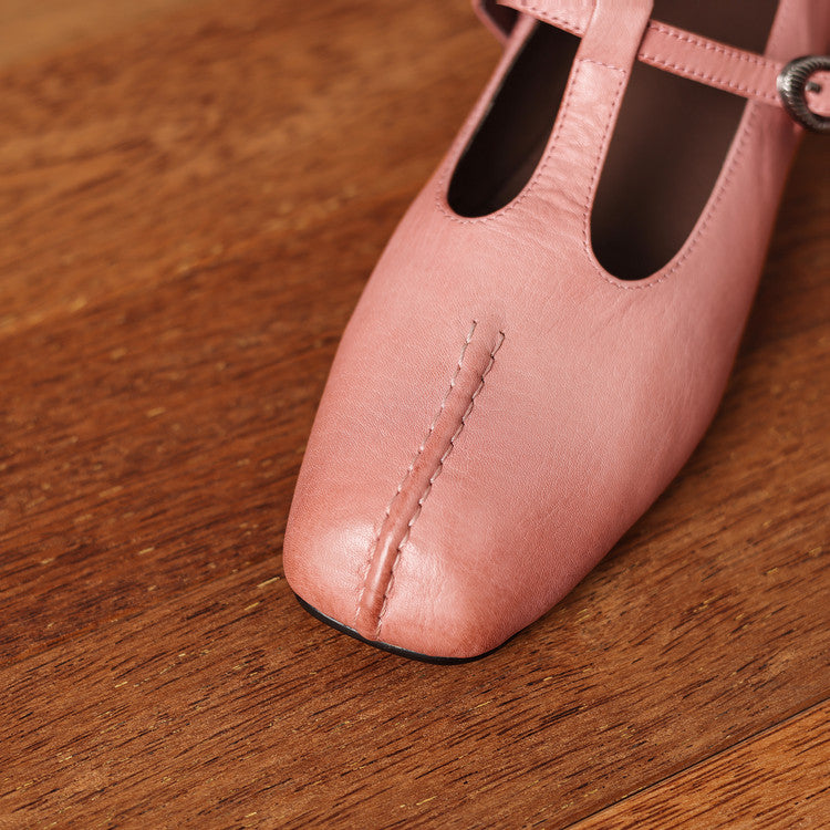 Women's Handmade Vintage Cowhide T-Strap Mary Jane Low Heel Buckle Shoes