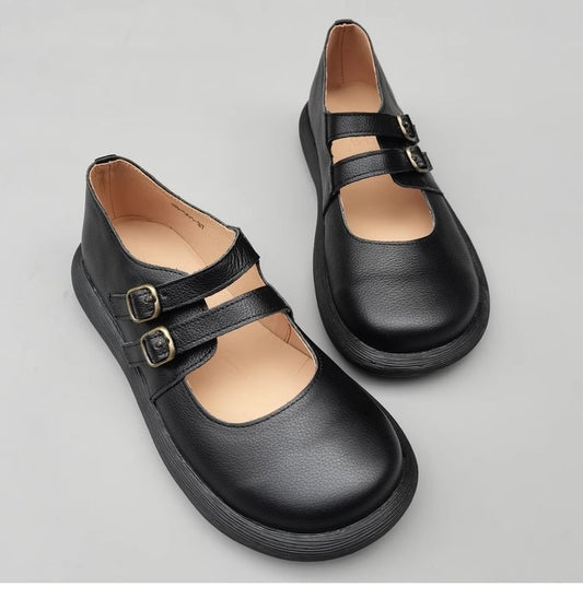 Women's Wide Toe Box Double Buckle With Handmade Leather Mary Jane Flats