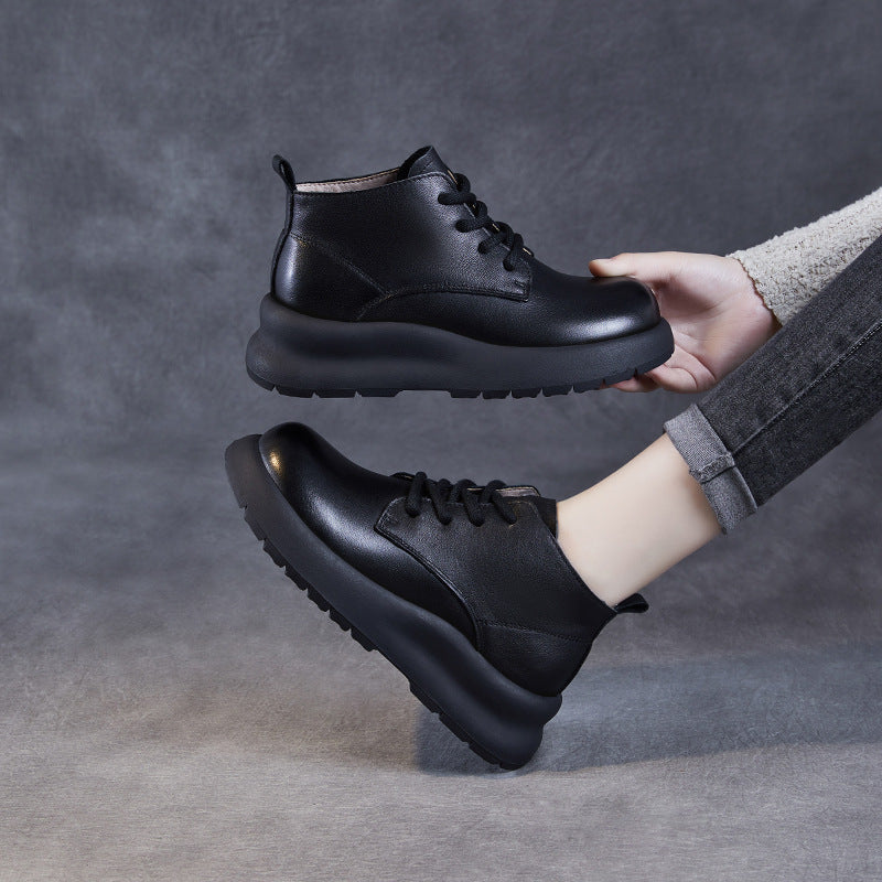 Women's Leather Lace-Up Platform High-Top Shoes – Casual & Comfortable