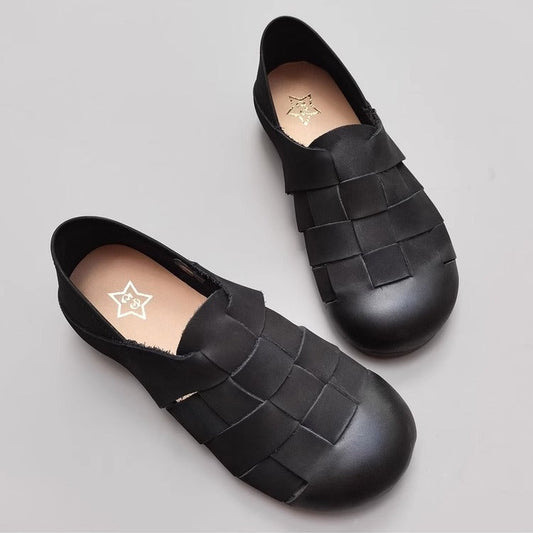 Women's Handmade Leather Round Toe Braided Breathable Flat Shoes