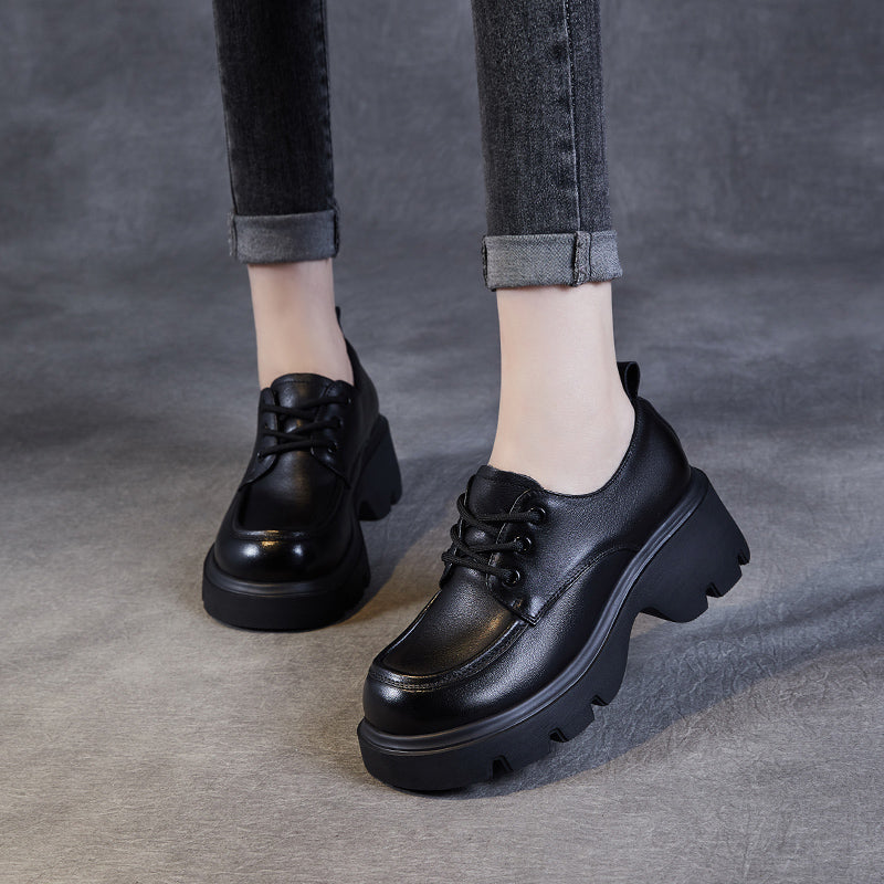 Women's Leather Chunky Heel Lace-Up Oxfords