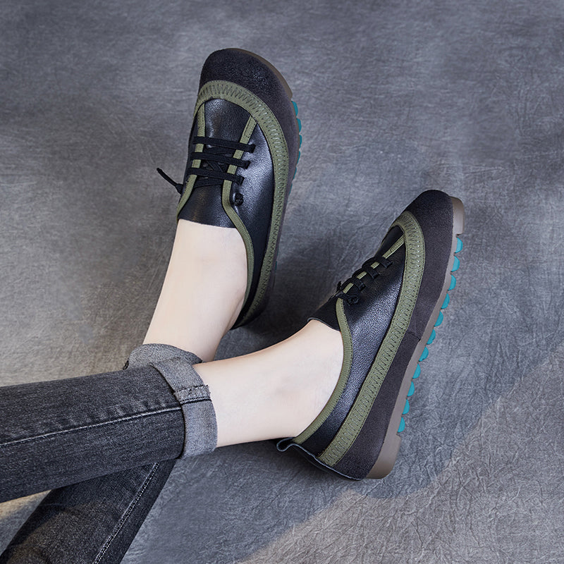 Women's Leather Casual Daily Walking Lace Up Flat Shoes