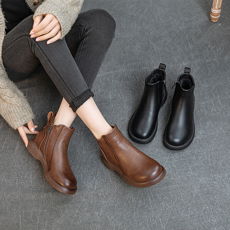Women's Comfortable Leather Ankle Boots – Low Heel with Side Zipper