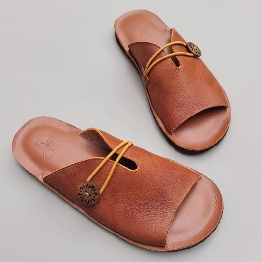 Women's Summer Leather Open Toe Niche Mule Shoes Sandals